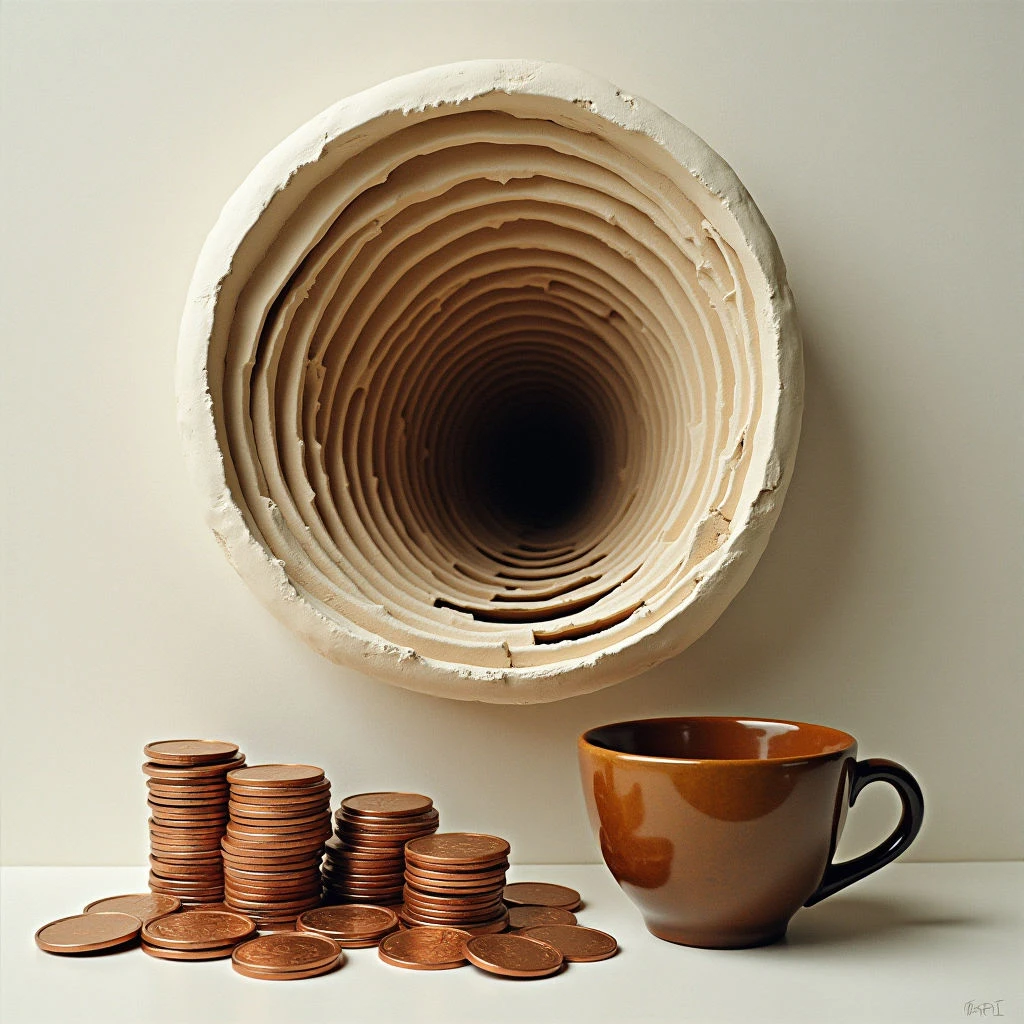 The image features a predominantly warm color palette of browns and creams against a pale background. A large cylindrical form with concentric rings dominates the upper portion, contrasting with stacks of copper-colored coins and a brown ceramic mug arranged on a flat surface below. Soft, diffused light creates subtle shadows and highlights, emphasizing the textures of the rough cylinder interior and smooth surfaces of the coins and mug, while spatial relationships suggest depth through diminishing size as objects recede.