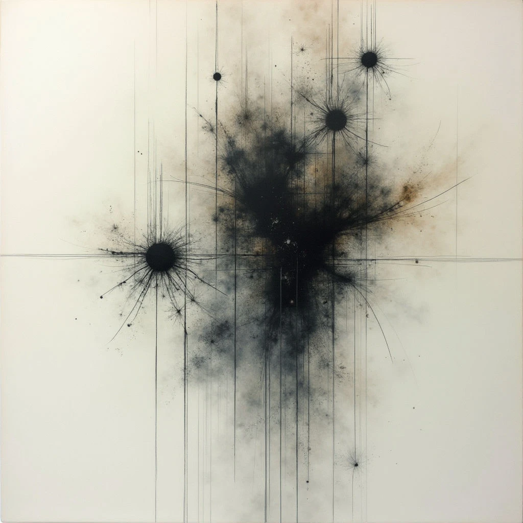 A dark, nebulous shape dominates the center of a pale background, radiating thin lines outward like an explosion or starburst. Four smaller, similar points of darkness are scattered around it, connected by faint vertical and horizontal lines that create a grid-like structure. The overall effect is ethereal and suggests cosmic events or delicate, fragmented energy.