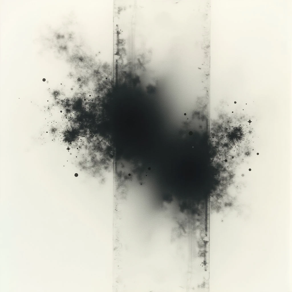 A dark, amorphous shape bursts outwards from a central vertical line on an off-white surface. The edges of the shape are blurred and smoky, with small splatters radiating away towards either side. The overall impression is one of expansion or an explosion contained within a limited space.
