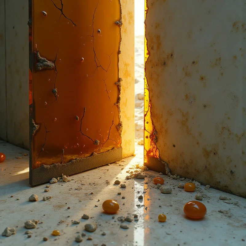 A narrow opening between two large, textured slabs reveals a bright, sunlit landscape in the background. The composition features warm amber and golden tones contrasted against pale, sandy surfaces marked by cracks and irregular debris. Light streams through the central gap, casting long shadows and highlighting the smooth, translucent quality of rounded orange spheres scattered across the ground.
