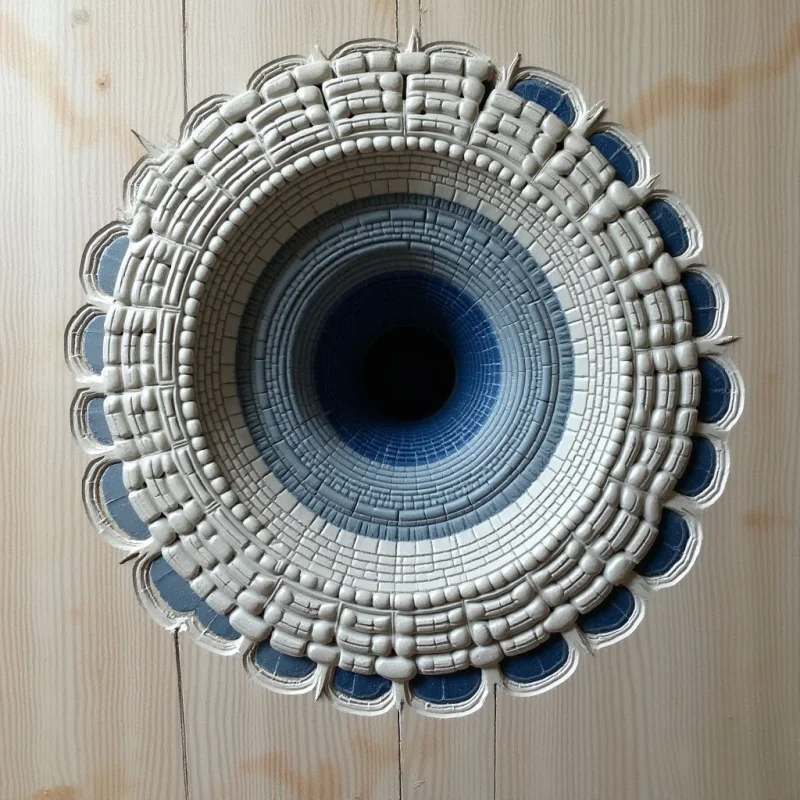 A circular, concentric sculpture features alternating rings of textured white and blue segments arranged in a radial pattern. The composition transitions from a dark, recessed center through layers of ridged, pebble-like shapes to a scalloped outer edge. Set against a light wood grain background, the piece uses subtle shadows to emphasize its layered depth and repetitive geometric forms.
