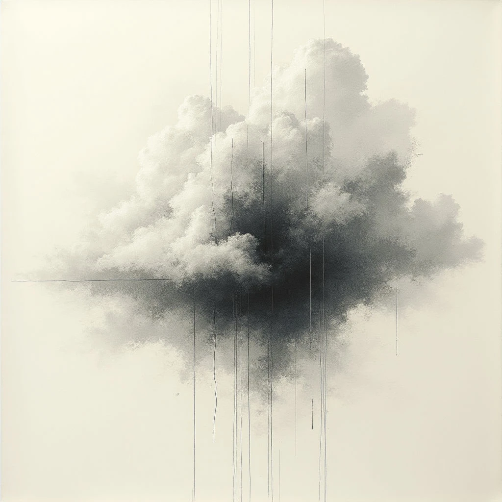 A large, dark cloud dominates the center of a pale background, appearing both voluminous and somewhat ominous. Thin, vertical lines descend from within and below the cloud, creating a sense of falling or dissipation. A faint horizontal line cuts across the lower portion of the image, grounding the composition.