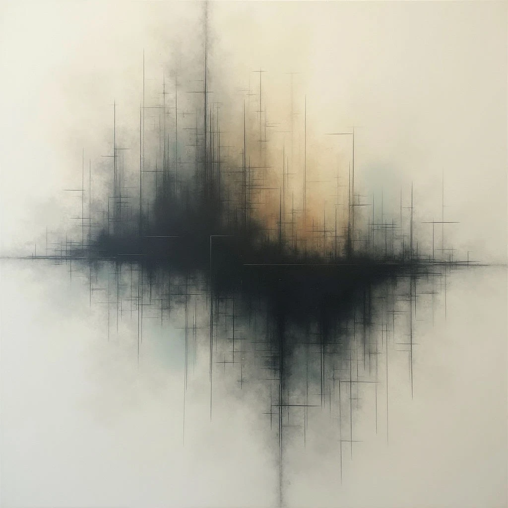 A dark, indistinct mass sits centered on a pale background, appearing as though reflected in water below. Thin, vertical lines rise from the mass and its reflection, creating a hazy, almost architectural structure. Soft washes of color—gold and blue—are subtly integrated into the upper portion of the central shape, suggesting light or atmosphere.