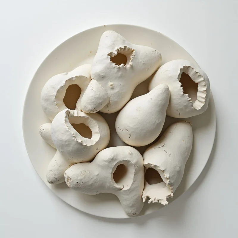 A collection of pale, irregularly shaped objects are arranged on a white plate against a stark white background. The forms resemble eroded or hollowed-out shells or perhaps organic structures with openings and uneven textures. They are clustered together, creating an abstract composition with a monochromatic palette.