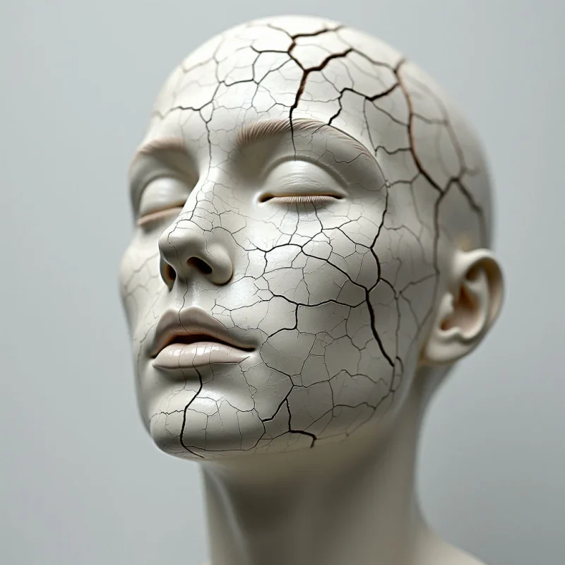 The image depicts a human head with a pale, off-white coloration and a network of deep cracks covering the right side of its face. The texture contrasts smooth skin on the left half with a fractured, earthen appearance on the right, illuminated by soft, diffused light that casts subtle shadows defining facial features. The head is positioned at a slight upward angle against a neutral gray background, creating a close-up view with minimal depth beyond the form itself.