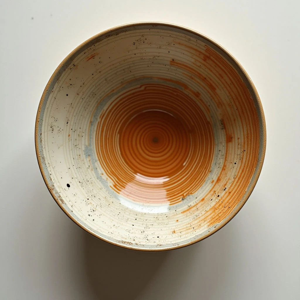 The image depicts a shallow bowl with concentric rings of orange and pale blue tones radiating from its center, set against an off-white base speckled with darker flecks. The bowl’s interior surface appears slightly glossy while the exterior has a more matte texture. A soft light source creates subtle highlights on the curved form, casting a faint shadow that suggests depth and placement on a flat, neutral background.