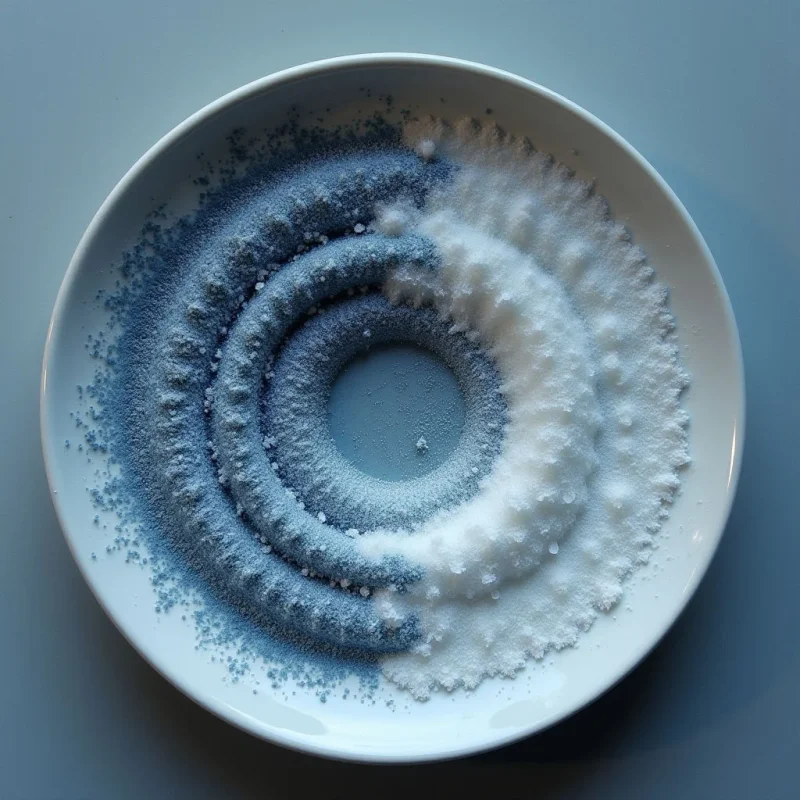 The image features a circular arrangement of two granular materials within a white bowl, set against a flat blue surface. One half of the bowl contains a pale blue substance while the other is filled with a bright white one, both swirling towards a central point and creating a distinct division along a curved line. Soft, diffused light illuminates the scene evenly, highlighting the textures of the granules and casting subtle shadows within the bowl’s concave form.