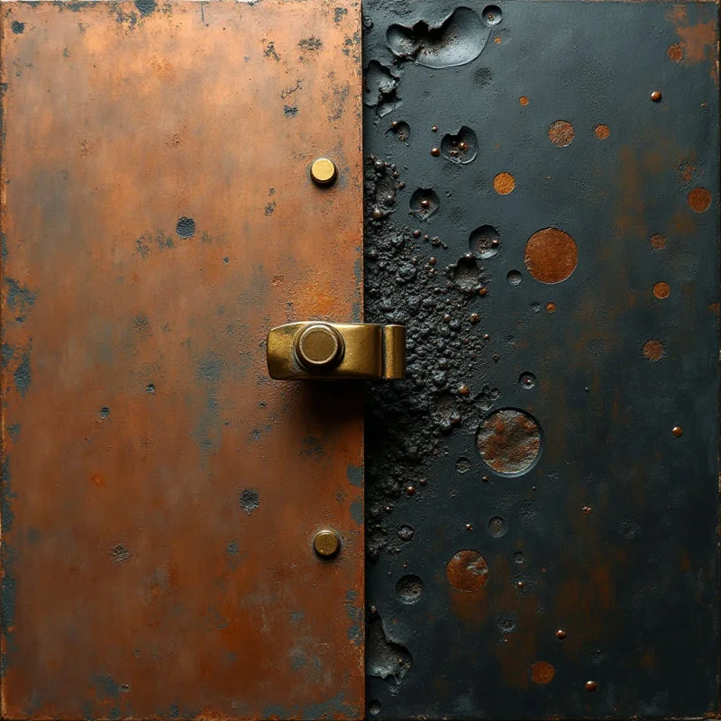 A vertical division separates a weathered copper-toned surface on the left from a dark, charcoal-colored textured plane on the right. The left side features a matte, oxidized metallic finish with scattered dark spots, while the right side displays deep craters and irregular pitted textures. A single brass-colored horizontal latch sits at the center junction, anchored by two small circular rivets on the copper side.