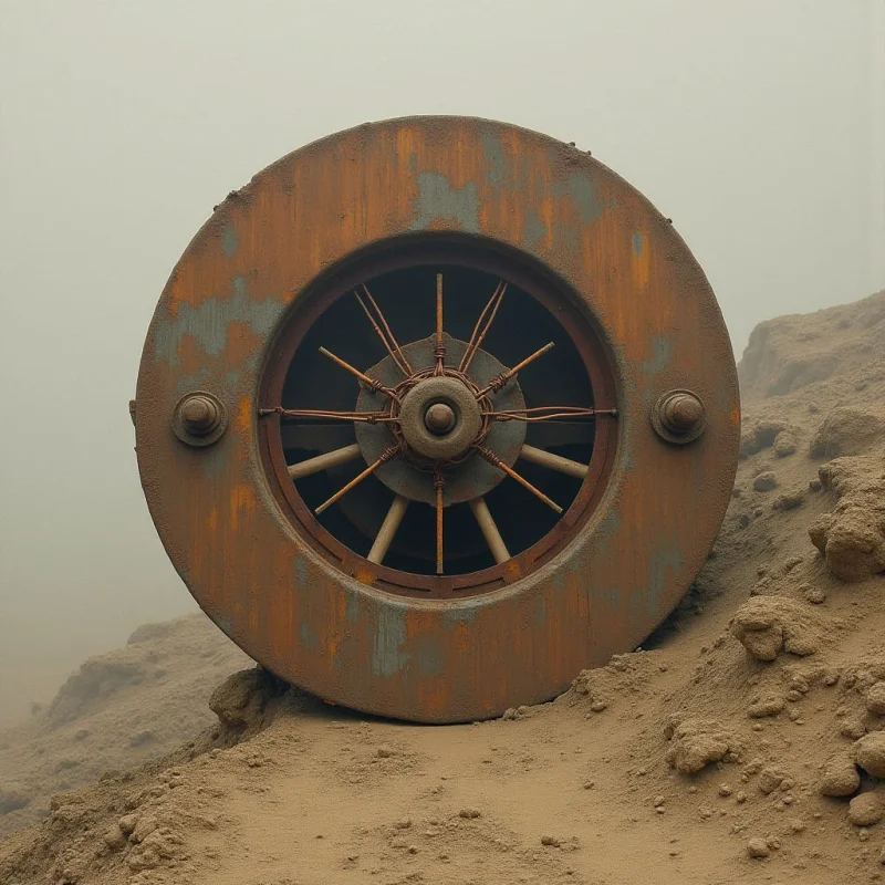 A large, circular rusted metal object with a spoke-like center rests against a mound of coarse, tan sand. The composition is dominated by earthy tones of ochre, brown, and beige under soft, diffused light that minimizes shadows. The geometric roundness of the central structure contrasts with the irregular, granular texture of the surrounding dunes and the hazy, featureless background.