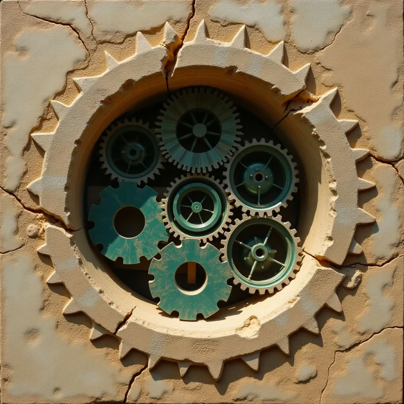 A large, jagged, tan-colored gear shape frames a circular opening containing several smaller teal-colored interlocking gears. The surrounding tan surface features a rough, matte texture with irregular cracks and subtle depressions, while the inner teal gears appear smooth with defined metallic edges. Light enters from the upper left, casting deep shadows within the central cavity and highlighting the raised ridges of both the outer frame and the internal mechanism.