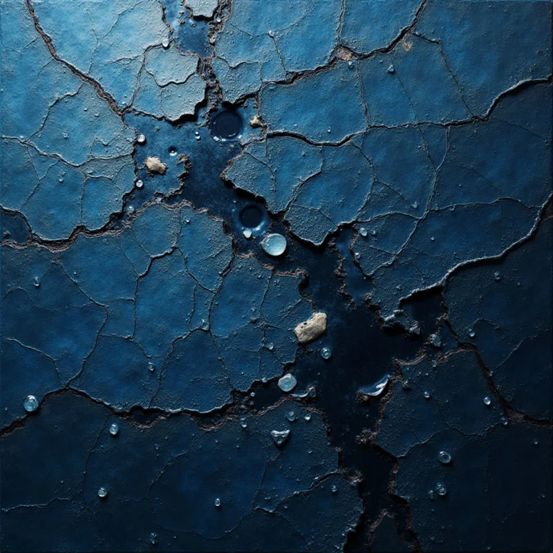 A deep blue monochromatic palette defines this textured surface, featuring jagged cracks and irregular fissures that reveal darker, shadowed depths. Small, translucent droplets and scattered light-colored pebbles are distributed across the cracked, matte terrain. The composition is dominated by organic, branching shapes that create a sense of fractured depth against a flat plane.