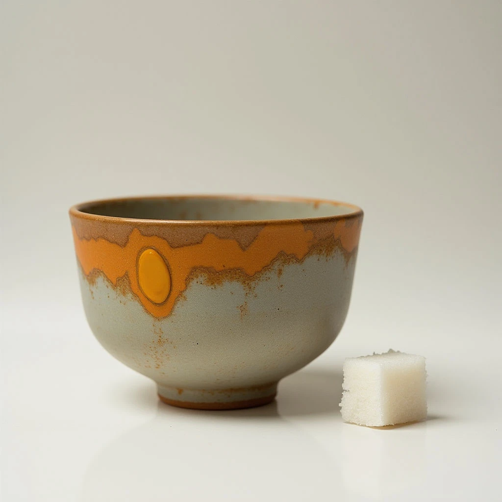 The image features a ceramic bowl with a muted sage green base and an orange-brown glaze concentrated towards the rim, punctuated by a central yellow circle. The bowl has a rounded shape that contrasts with the sharp edges of a small, square sugar cube positioned to its right; both objects rest on a seamless off-white surface. Soft lighting creates gentle shadows, emphasizing the textures of the glazed ceramic and the granular form of the sugar cube, while maintaining a relatively flat spatial depth.