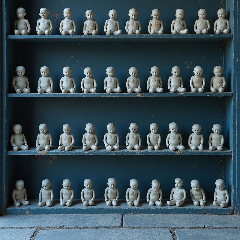 The image depicts rows of small, pale figures seated on a shelf against a deep teal background. The figures are uniformly shaped and textured, appearing smooth but slightly worn, while the shelf itself has visible grain and imperfections in its paint. Light falls evenly across the scene, creating soft shadows and highlighting the repetitive arrangement of forms within the defined rectangular space of the shelving unit.