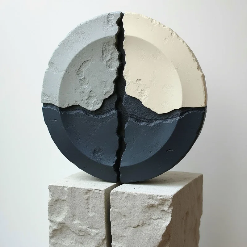 A circular object divided into four quadrants of grey, cream, charcoal, and dark navy is split by a jagged vertical fissure that extends through the center. The piece features rough, uneven textures and irregular edges, resting atop a similarly textured, light-colored rectangular block that also bears a central crack. Soft, diffused light illuminates the composition against a plain white background, creating subtle shadows within the crevices.