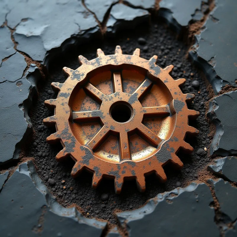 A metallic copper-colored gear sits centered within a dark, jagged crater of cracked grey stone and coarse brown earth. The gear features smooth, reflective surfaces contrasted against the rough, granular texture of the surrounding debris. Light illuminates the raised edges of the gear and the uneven terrain, creating deep shadows within the crevices and holes.
