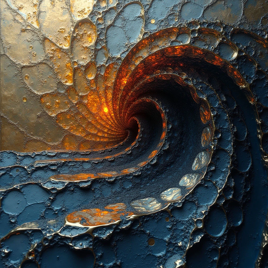 The image features a swirling vortex of textured forms dominated by shades of gold, deep blue, and reddish-orange. A rough, pitted surface covers the majority of the composition, with numerous pebble-like shapes embedded within it, becoming denser towards the center of the spiral. Light appears to emanate from the core of the vortex, creating highlights on the raised textures and casting shadows in the recesses, suggesting depth and a sense of movement.