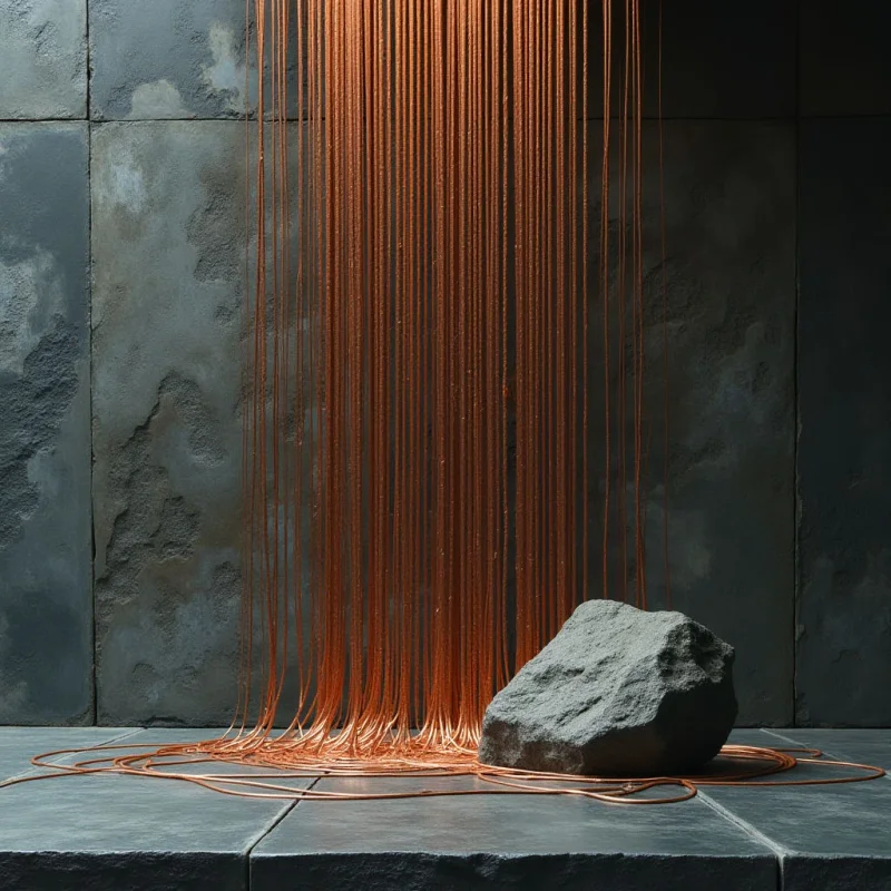 Thin, copper-colored vertical strands descend from above, pooling in loose loops across a dark, textured stone floor. A single, jagged grey rock sits in the lower right foreground, contrasting with the smooth, linear repetition of the metallic cords. The scene is set against a backdrop of large, matte grey stone tiles under soft, directional light that emphasizes the rough textures and fine shadows.