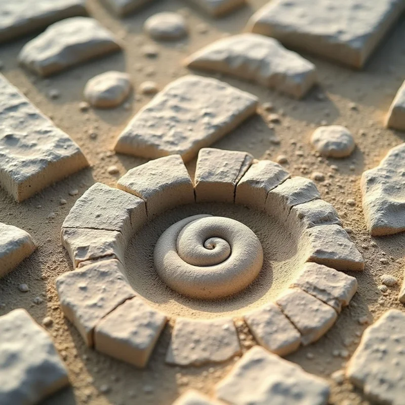 A central spiral shape sits nested within a ring of irregular, rectangular stone slabs amidst a sandy terrain. The palette consists of monochromatic beige and tan tones, featuring granular sand textures contrasted against the pitted surfaces of the stones. Soft, directional light creates gentle shadows that define the depth of the circular indentation and the edges of the surrounding shapes.