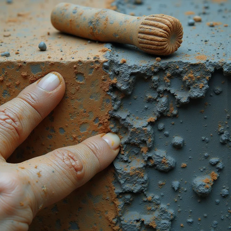 A hand with textured skin presses against a block of dual-toned material, split between earthy ochre and muted slate grey. The surface is heavily granular and uneven, featuring craggy ridges, small clumps, and fine powdery particles. Soft light illuminates the scene from the side, creating subtle shadows within the deep crevices and highlighting the rough, matte textures.