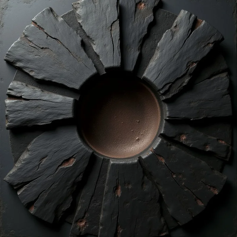 The image features a circular arrangement of dark, roughly textured elements surrounding a central concave space. The color palette is primarily muted grays and browns, with lighter metallic tones visible along the edges of the outer forms. Light appears to be focused on the center, creating strong contrast and emphasizing the depth of the hollow while casting shadows from the radiating pieces.