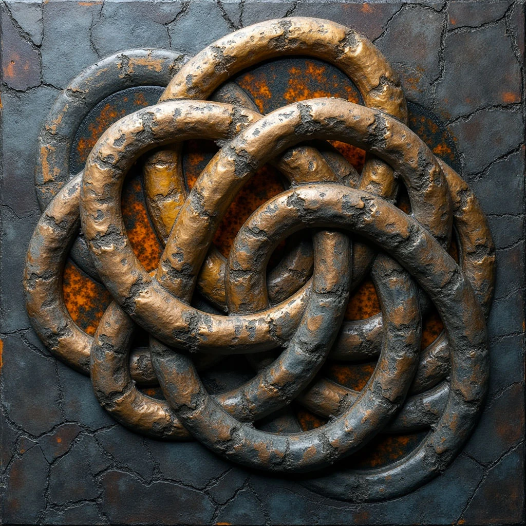 The image features a complex knot constructed from thick, rounded forms with a bronze and copper coloration, set against a dark gray, cracked background. The knot’s surfaces exhibit varied textures—smooth curves alongside rough, pitted areas—and are highlighted by warmer orange tones within the crevices. Light appears to come from above and slightly to the left, casting shadows that emphasize the three-dimensional depth of the interwoven shapes and their relief from the flat, fractured plane behind them.