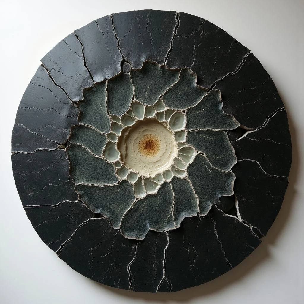 The piece is a circular form dominated by dark gray and black tones, transitioning to lighter greens and creams toward the center. A network of cracked surfaces covers much of the composition, contrasted by smooth, petal-like shapes radiating inward from the outer edge. Light appears diffuse, creating subtle highlights on the textured areas and defining depth within the layered central space.