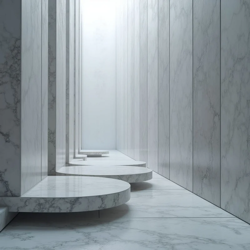 White and gray marble surfaces with organic veining define the vertical walls, floor, and rounded steps. The composition features a series of repeating rectangular pillars and semi-circular platforms that recede into a bright, diffused light at the end of a narrow corridor. Soft, even illumination creates minimal shadows, emphasizing the smooth textures and geometric repetition of the space.