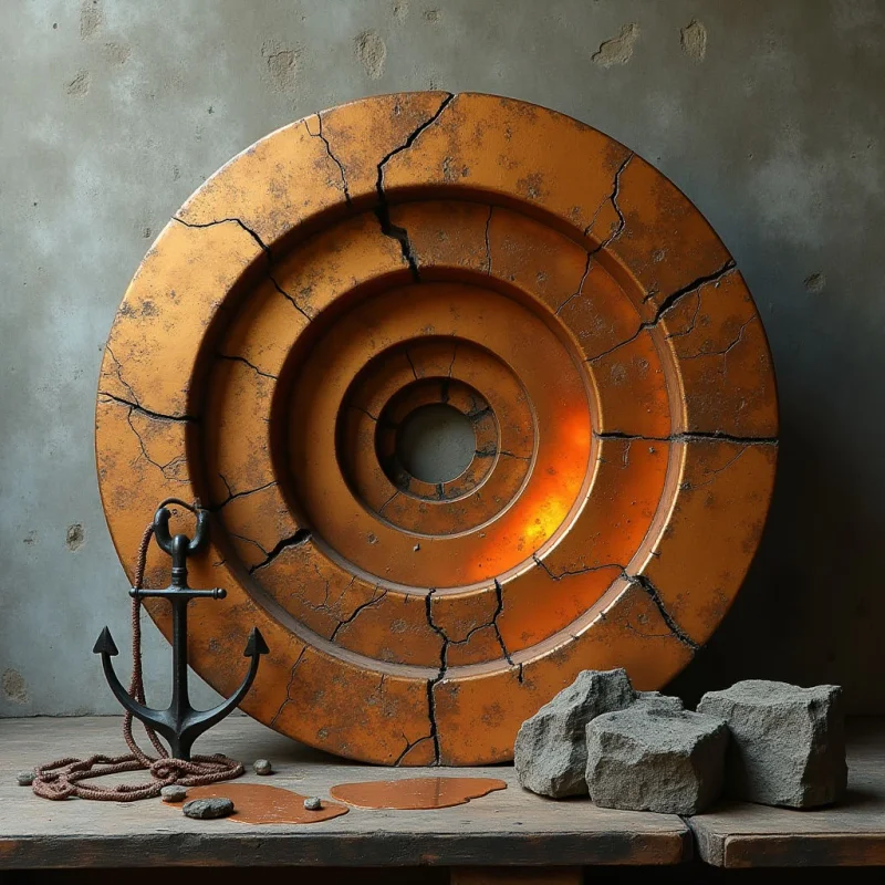 A large, cracked copper-colored disc with concentric circular grooves dominates the center of the frame against a textured grey wall. To its left sits a dark metal anchor with a coiled rope, while several rough, grey stone blocks rest at its base on a wooden surface. Warm light emanates from within the central rings of the disc, casting soft shadows and highlighting the weathered textures of the objects.
