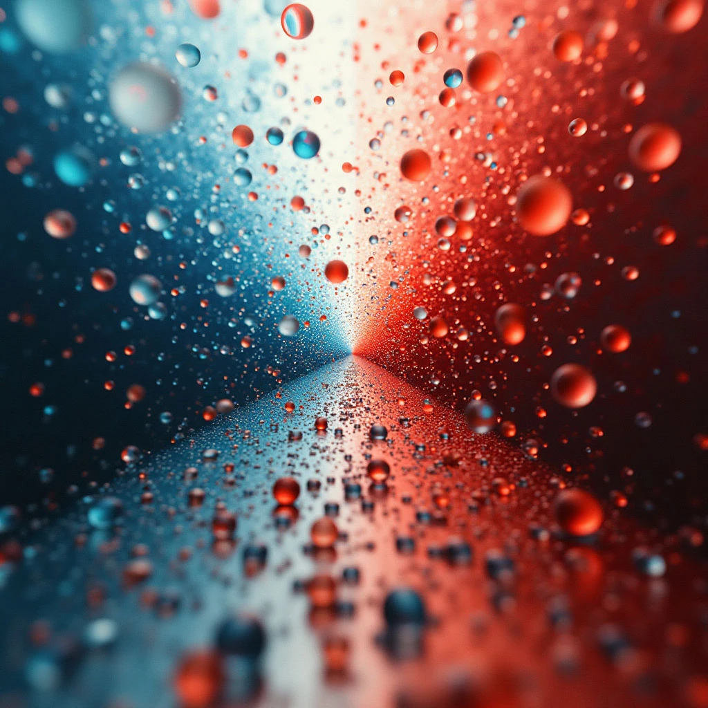 A tunnel-like space is filled with countless water droplets, creating a blurred and abstract perspective. The droplets are primarily red on one side of the tunnel and blue on the other, converging towards a vanishing point in the distance. This creates a sense of depth and movement within a colorful, liquid environment.