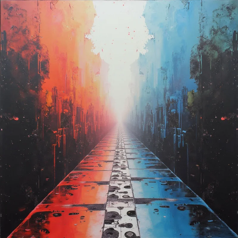 A long, wet city street stretches into the distance, vanishing at a bright, hazy point of light. Buildings line both sides, rendered in contrasting washes of fiery red-orange on the left and cool blue on the right, with dark shadows beneath them. Reflections shimmer across the slick pavement, suggesting recent rain and a sense of atmospheric depth.