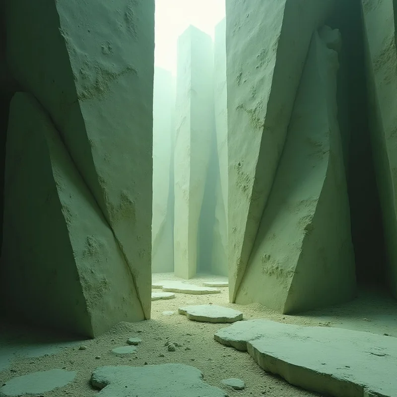 Monochromatic pale green tones define this scene, featuring large, angular stone pillars and flat, jagged slabs on a sandy ground. The textures appear coarse and weathered across the vertical monoliths and uneven surfaces. Bright light descends from a central opening between the tall structures, creating a sense of depth and illuminating the narrow passage.
