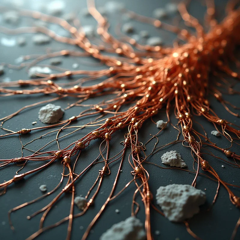 Thin, copper-colored wires spread across a dark gray surface, intertwining into dense clusters and tapering out into fine, singular strands. Small, metallic beads are scattered along the wire paths, contrasting with irregular, white, stone-like fragments resting on the textured ground. Soft light creates highlights on the metallic curves and casts gentle shadows beneath the tangled network of lines.
