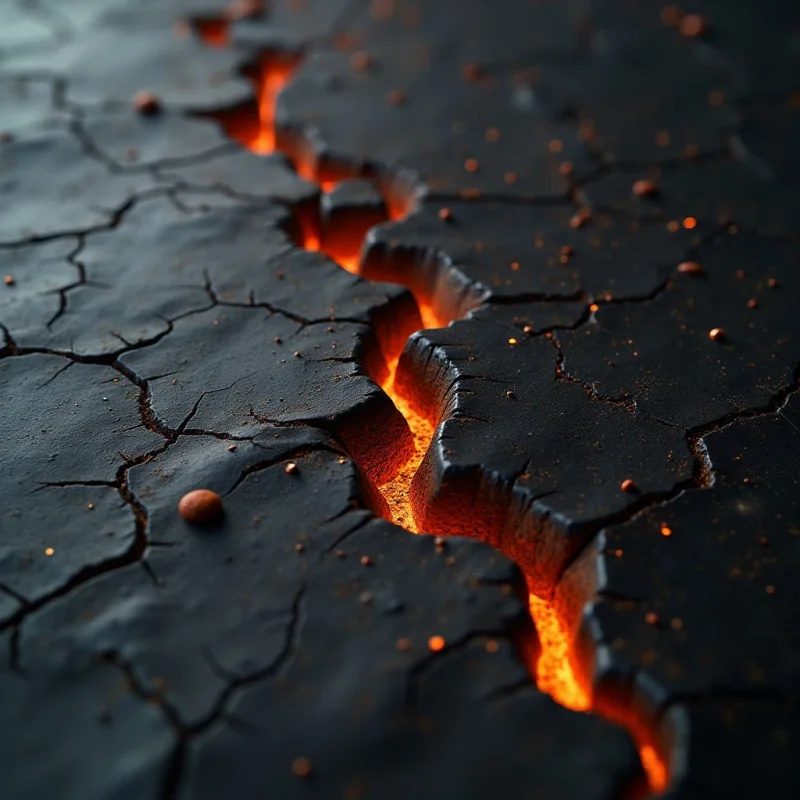 A jagged, glowing orange fissure snakes diagonally through a dark, textured surface of cracked black earth. The composition features sharp, irregular geometric shapes created by the deep cracks and small, rounded debris scattered across the matte terrain. Intense light emanates from within the central crevice, creating a high-contrast relationship between the luminous interior and the shadowy, coarse surroundings.