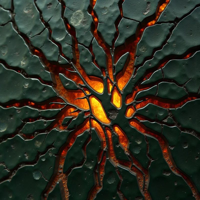 The image features a dark, textured surface with jagged cracks revealing bright orange and yellow light emanating from within. Irregularly shaped pieces form a fractured pattern, creating a sense of depth as they recede into the glowing center. The overall spatial relationship suggests an opening or cavity surrounded by a rough, solid material.