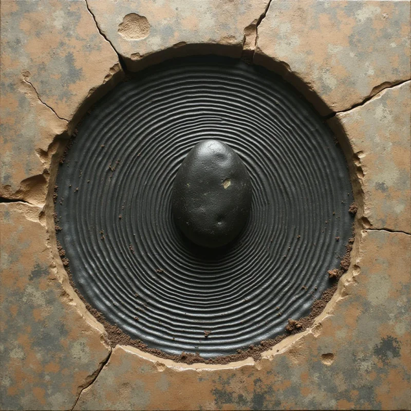 A dark, textured oval stone sits centered within a circular well of fine, concentric black ridges. This central feature is framed by a thick, tan border characterized by irregular cracks and a coarse, sandy texture. The composition uses a top-down perspective to create a nested relationship between the smooth center, the rippled ring, and the weathered outer perimeter.