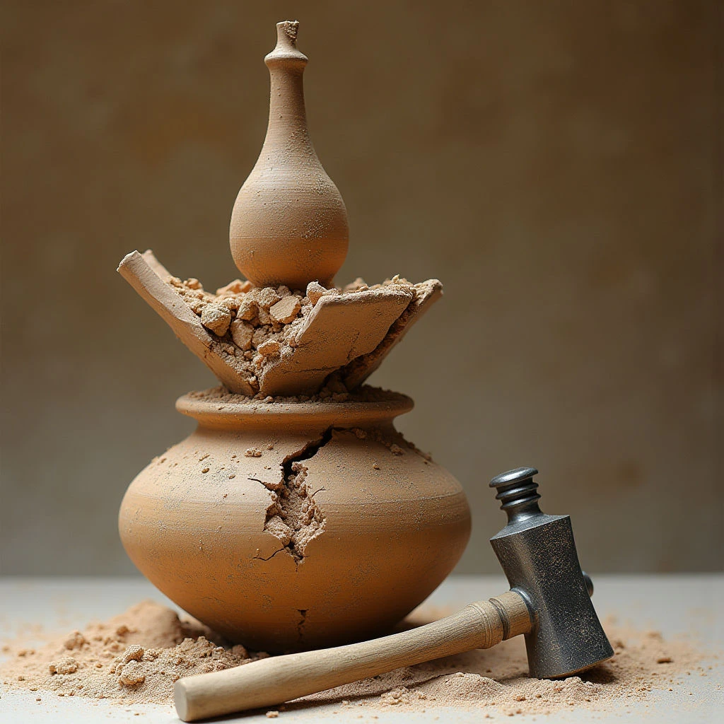 The image features a largely monochromatic palette of warm beige and brown tones, with variations suggesting earthen materials like clay or wood. A rounded vase form is prominently cracked and broken, surrounded by fragments and coarse sandy texture on a flat surface alongside a hammer-like tool. Light appears to originate from the left, creating shadows that emphasize the volume of the forms and the granular quality of the debris, with spatial relationships indicating a recent impact event.