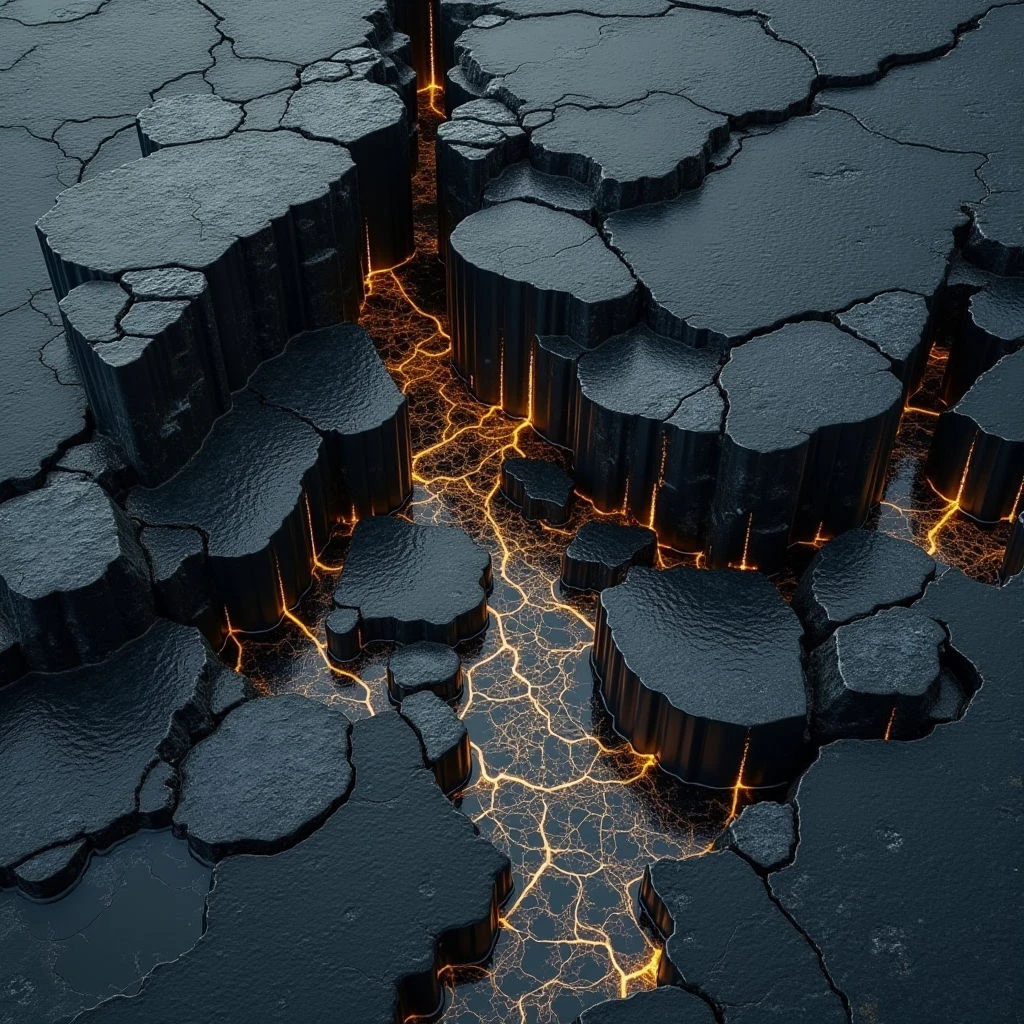 The image features a field of dark, roughly hexagonal pillars with cracked surfaces and uneven tops. Bright orange lines weave between and within the structures, appearing as glowing fissures or veins of light against the cool blue-grey tones. The composition is dense, with pillars receding into the distance to suggest depth, and spatial relationships are defined by the network of illuminated cracks fracturing the surface.