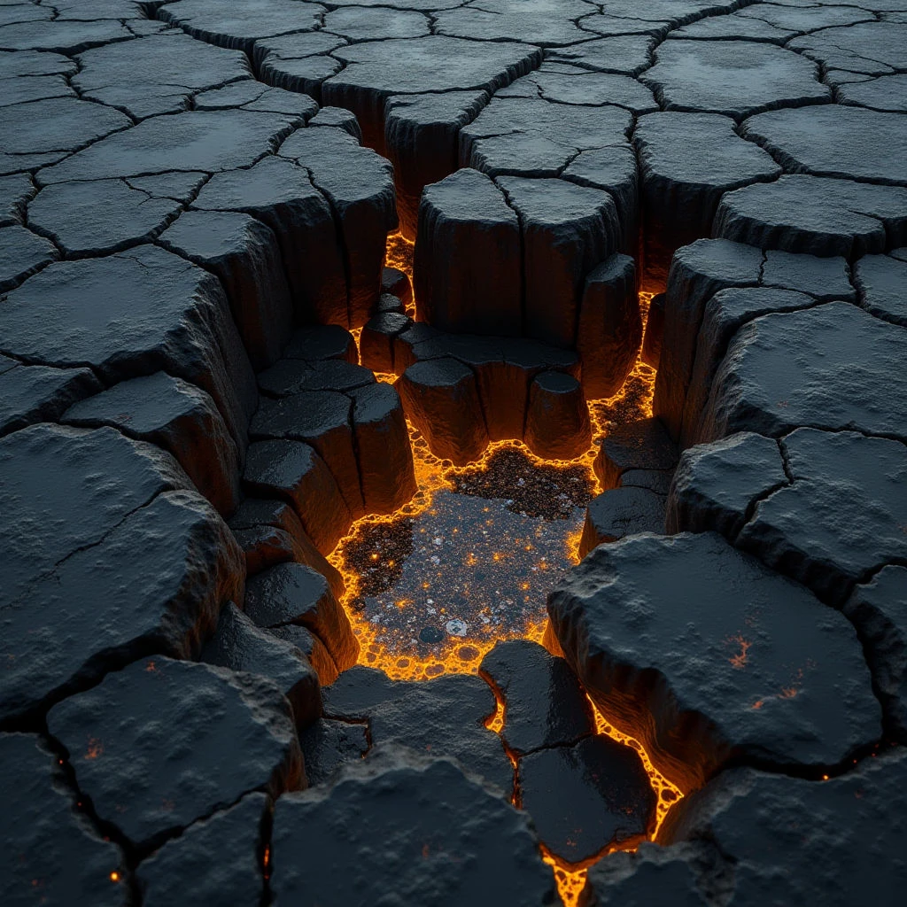 The image depicts a field of dark, fractured stone plates with glowing orange fissures running throughout. The texture appears rough and uneven across the stone, contrasting sharply with the smooth, bright light emanating from within the cracks. Deep crevices reveal molten material at the center, creating a sense of depth and drawing the eye downward into the illuminated space.