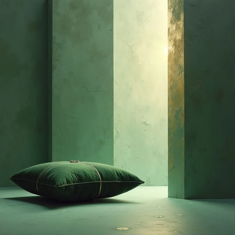 The scene is dominated by shades of muted green, ranging from deep forest to a pale, almost greyish hue, across walls and floor. Rough textures are visible on all surfaces, suggesting aged plaster or concrete with cracks and imperfections. A single cushion rests centrally in the foreground, illuminated by a bright shaft of light entering from an unseen source, creating strong contrasts between shadow and highlight and defining a shallow spatial depth within the enclosed structure.
