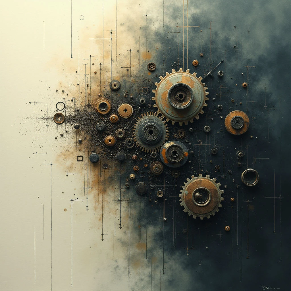 A collection of rusty gears and mechanical parts are scattered across a dark, textured background that fades into a lighter, cream-colored space. Thin lines and small shapes create a blueprint-like effect, bisecting the composition and suggesting complex engineering plans. The overall impression is one of aged technology and intricate internal workings breaking apart or being assembled.
