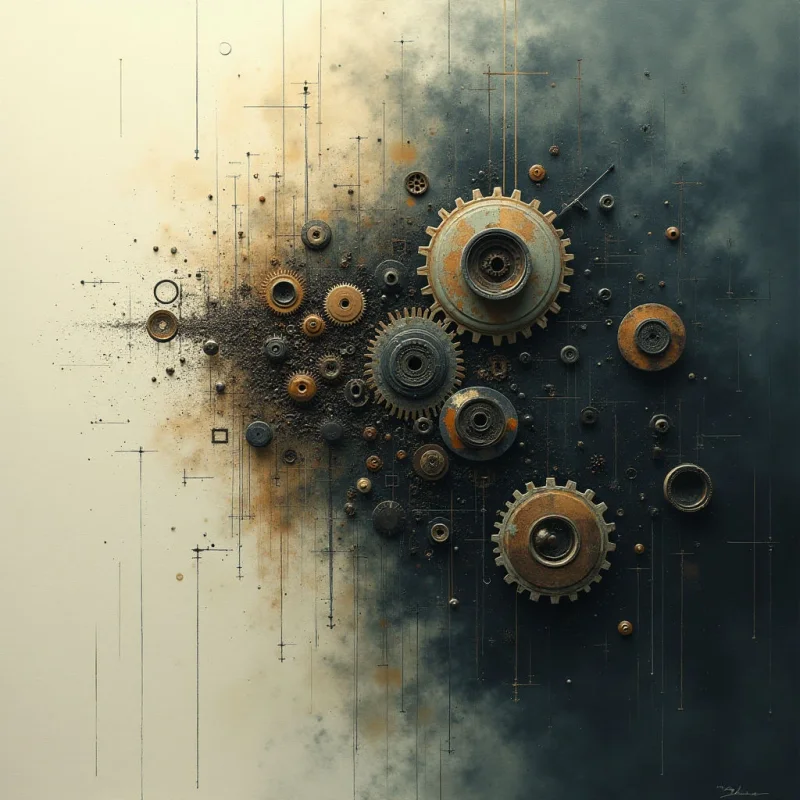 A collection of rusty gears and mechanical parts are scattered across a dark, textured background that fades into a lighter, cream-colored space. Thin lines and small shapes create a blueprint-like effect, bisecting the composition and suggesting complex engineering plans. The overall impression is one of aged technology and intricate internal workings breaking apart or being assembled.