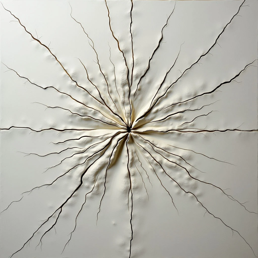 The image features a predominantly off-white surface with radiating cracks extending from a central point. A textured, raised area surrounds the center, composed of numerous small bumps and ridges that diminish in size towards the edges of the cracks. Light appears to come from above, casting subtle shadows within the cracks and highlighting the three-dimensional relief of the composition; the space is shallow but suggests depth due to this effect.