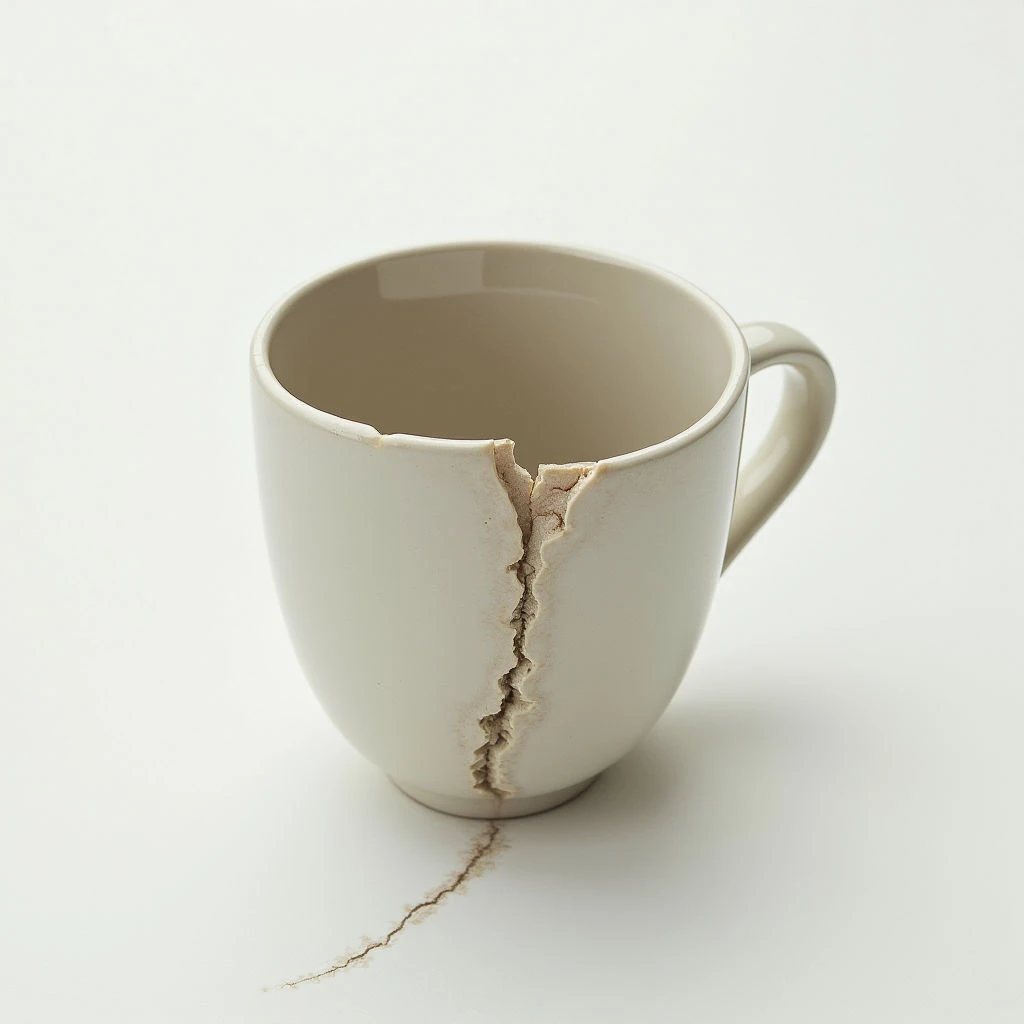 A pale ceramic mug is shattered, with a large crack running down its side and extending onto the surface below. The break reveals a rough interior edge against the smooth exterior of the cup. It sits alone on a clean, neutral background, suggesting fragility or damage.
