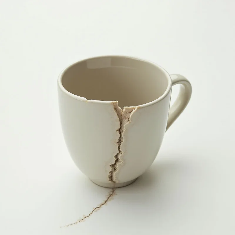A pale ceramic mug is shattered, with a large crack running down its side and extending onto the surface below. The break reveals a rough interior edge against the smooth exterior of the cup. It sits alone on a clean, neutral background, suggesting fragility or damage.