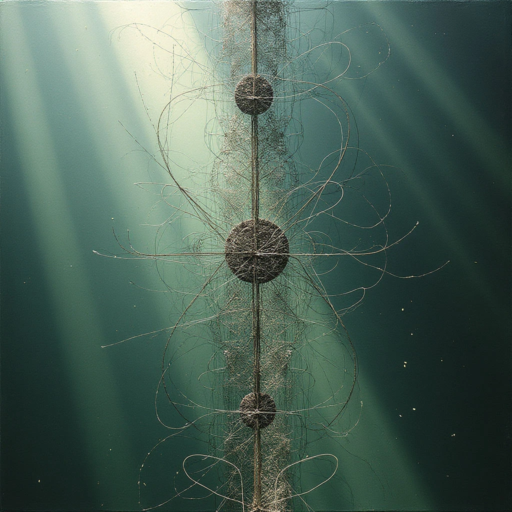 The image is dominated by shades of green, ranging from dark teal to pale olive, with a central vertical column of lighter tones and radiating beams of soft light. A textured arrangement of spherical forms connected by delicate, thread-like strands occupies the center foreground, contrasting with the smoother gradients of the background. Shapes are largely organic and linear, creating a sense of depth despite a relatively flat spatial relationship between elements.