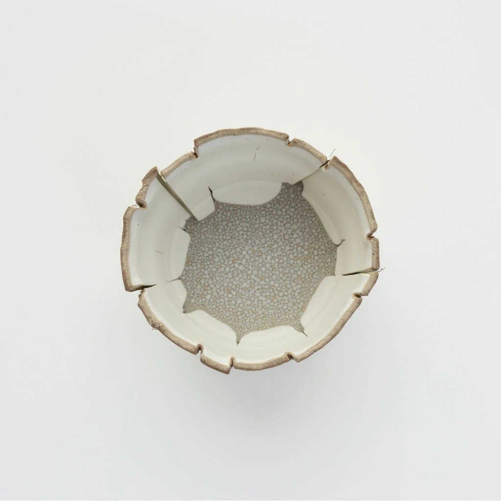 A broken ceramic vessel sits on a white surface, viewed from directly above. The pot is light beige with a textured, speckled interior visible through the jagged breaks in its walls. Small fragments and remnants of adhesive are scattered around the rim where pieces have been reattached.