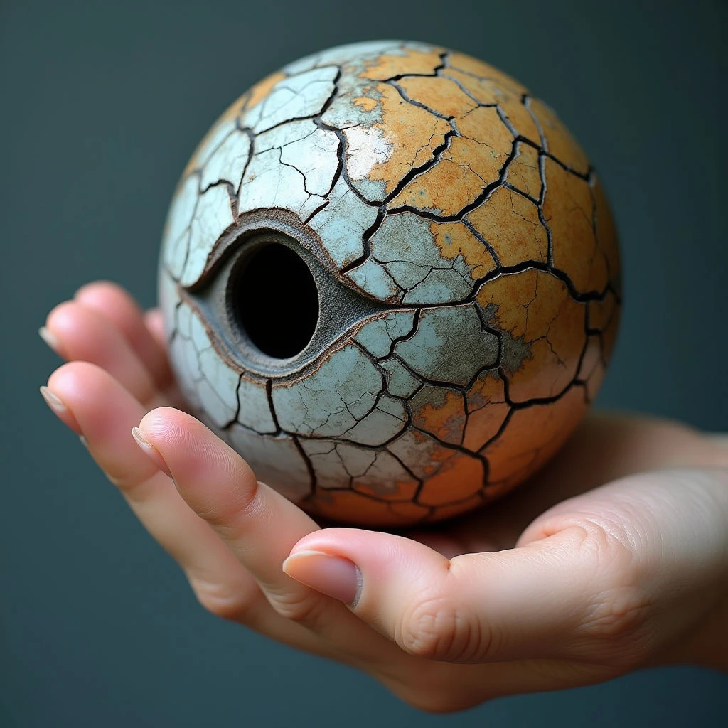 The image features a spherical object held in a cupped hand against a dark background. The sphere is primarily composed of muted beige and grey tones with a network of cracked lines creating a textured surface, punctuated by a darker opening. Soft light highlights the curves of both the hand and the object, suggesting a close proximity between them and emphasizing their rounded shapes.