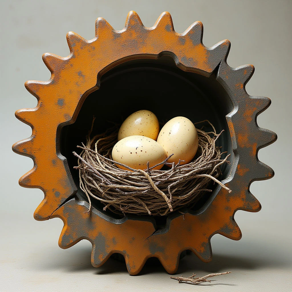 The image features a large, rusted gear with an orange-brown hue and darker gray accents, set against a neutral beige background. Within the central opening of the gear rests a small bird’s nest containing three speckled, pale tan eggs. Light focuses on the nest and eggs, creating contrast with the shadowed interior of the gear and highlighting the rough texture of both the metal and woven twigs.