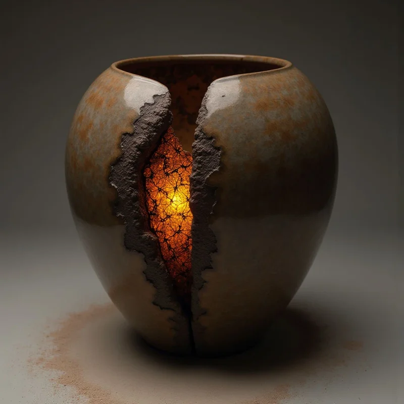 The object is a rounded form, predominantly in shades of brown and tan with mottled variations across its surface. A large vertical fracture runs down one side, revealing an interior glow of bright orange light emanating from a network of cracks. The vessel sits on a neutral-toned ground, with scattered debris mirroring the color palette at its base, creating a sense of depth and grounding.