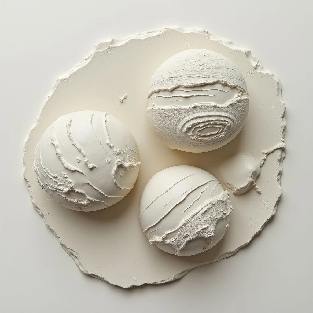 Three white, textured spheres rest within a roughly circular, raised frame of the same material. Each sphere is marked with swirling, uneven lines that create a sense of cracked or layered surfaces. The entire composition is monochromatic and appears to be made from clay or plaster against a neutral background.